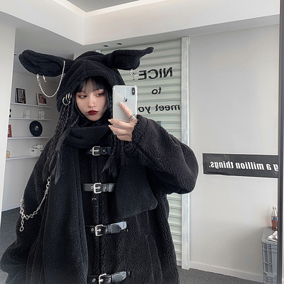 Harajuku Black Punk Fleece Jacket Coat With Rabbit Ear Hooded Scarf