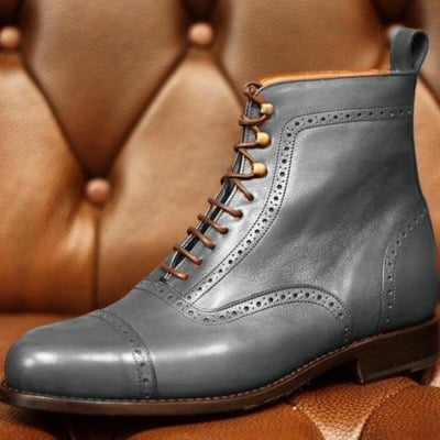 Christmas hand stitch leather cap toe ankle high boot, men's grey lace up boot - Thumbnail 1