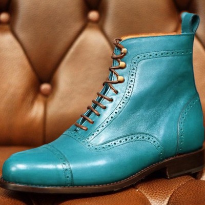 Luxury hand stitch leather blue ankle high lace up boot - Thumbnail 2