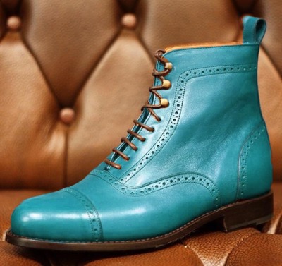 Luxury Hand Stitch Leather Blue Ankle High Lace Up Boot