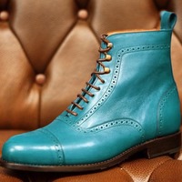 Luxury Hand Stitch Leather Blue Ankle High Lace Up Boot - Thumbnail 1