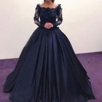 Navy Blue Ball Gown Prom Dresses with Long Sleeves - Thumbnail 1