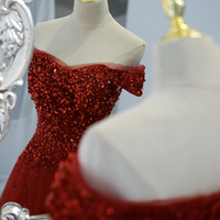 Red tulle sequins long prom dress red evening dress - Thumbnail 1