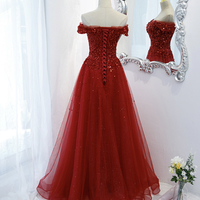 Red tulle sequins long prom dress red evening dress - Thumbnail 2