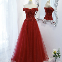 Red tulle sequins long prom dress red evening dress - Thumbnail 4