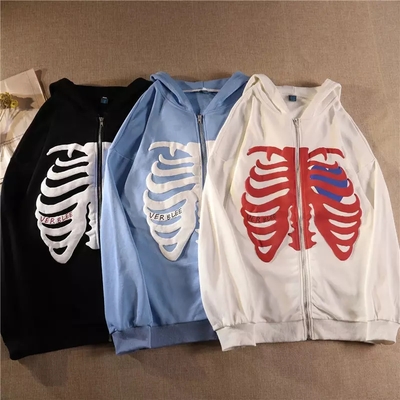 Retro rib skeleton print long sleeve hoodie jacket zipper pullover casual e-girl kawaii korean japanese harajuku streetwear - Thumbnail 3
