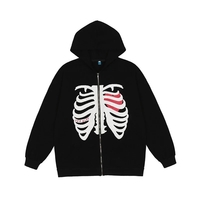 Retro Rib Skeleton Print Long Sleeve Hoodie Jacket Zipper Pullover Casual E-Girl Kawaii Korean Japanese Harajuku Streetwear - Thumbnail 4