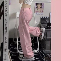 Cute Pink Baggy Oversized Loose Low Rise Wide Leg Denim Pants Trousers Aesthetic Casual Summer E-Girl Kawaii Korean Japanese Harajuku - Thumbnail 1
