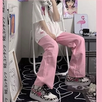 Cute Pink Baggy Oversized Loose Low Rise Wide Leg Denim Pants Trousers Aesthetic Casual Summer E-Girl Kawaii Korean Japanese Harajuku - Thumbnail 3