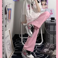 Cute Pink Baggy Oversized Loose Low Rise Wide Leg Denim Pants Trousers Aesthetic Casual Summer E-Girl Kawaii Korean Japanese Harajuku - Thumbnail 7