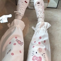 Cute White Kitty Cat Cartoon Print High Waisted Straight Pants Trousers Aesthetic Casual Summer E-Girl Kawaii Korean Japanese Harajuku - Thumbnail 1