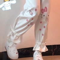 Cute White Kitty Cat Cartoon Print High Waisted Straight Pants Trousers Aesthetic Casual Summer E-Girl Kawaii Korean Japanese Harajuku - Thumbnail 2
