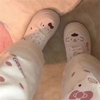 Cute White Kitty Cat Cartoon Print High Waisted Straight Pants Trousers Aesthetic Casual Summer E-Girl Kawaii Korean Japanese Harajuku - Thumbnail 4