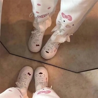 Cute White Kitty Cat Cartoon Print High Waisted Straight Pants Trousers Aesthetic Casual Summer E-Girl Kawaii Korean Japanese Harajuku - Thumbnail 5