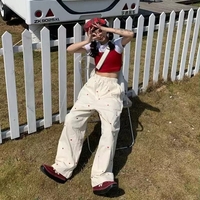 Cute Beige Love Hearts Wide Leg Pants Trouser Bottoms Aesthetic Casual Summer E-Girl Kawaii Korean Japanese Harajuku - Thumbnail 4