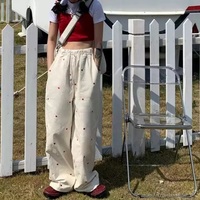 Cute Beige Love Hearts Wide Leg Pants Trouser Bottoms Aesthetic Casual Summer E-Girl Kawaii Korean Japanese Harajuku - Thumbnail 7