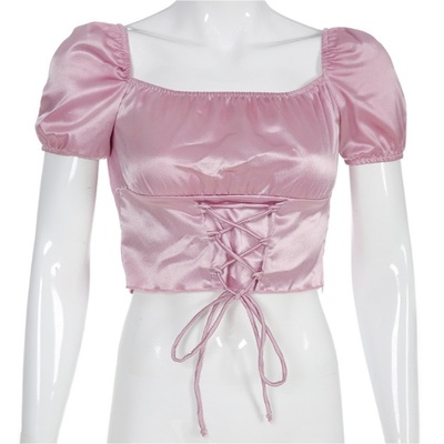 Cute vintage pink silky satin short sleeve shirt crop top lace up elegant aesthetic casual summer e-girl kawaii korean japanese harajuku - Thumbnail 4