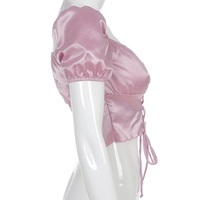 Cute Vintage Pink Silky Satin Short Sleeve Shirt Crop Top Lace Up Elegant Aesthetic Casual Summer E-Girl Kawaii Korean Japanese Harajuku - Thumbnail 2