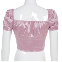Cute Vintage Pink Silky Satin Short Sleeve Shirt Crop Top Lace Up Elegant Aesthetic Casual Summer E-Girl Kawaii Korean Japanese Harajuku - Thumbnail 3