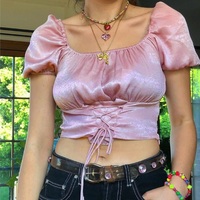 Cute Vintage Pink Silky Satin Short Sleeve Shirt Crop Top Lace Up Elegant Aesthetic Casual Summer E-Girl Kawaii Korean Japanese Harajuku - Thumbnail 6