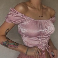 Cute Vintage Pink Silky Satin Short Sleeve Shirt Crop Top Lace Up Elegant Aesthetic Casual Summer E-Girl Kawaii Korean Japanese Harajuku - Thumbnail 8