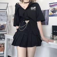 Cute Black Heart Bow Pocket Denim Mini Skirt High Waisted Pleated  Aesthetic Goth Casual Summer E-Girl Kawaii Korean Japanese Harajuku - Thumbnail 1