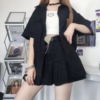 Cute Black Heart Bow Pocket Denim Mini Skirt High Waisted Pleated  Aesthetic Goth Casual Summer E-Girl Kawaii Korean Japanese Harajuku - Thumbnail 2