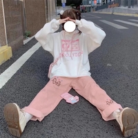 Cute Sweet Pink Bunny Cartoon Print Baggy Corduroy High Waisted Pants Trousers Aesthetic Casual Summer E-Girl Kawaii Korean Japanese Harajuku - Thumbnail 1