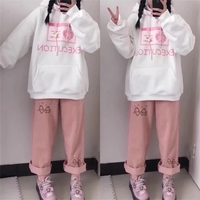 Cute Sweet Pink Bunny Cartoon Print Baggy Corduroy High Waisted Pants Trousers Aesthetic Casual Summer E-Girl Kawaii Korean Japanese Harajuku - Thumbnail 2