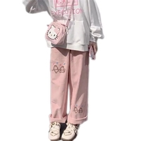 Cute Sweet Pink Bunny Cartoon Print Baggy Corduroy High Waisted Pants Trousers Aesthetic Casual Summer E-Girl Kawaii Korean Japanese Harajuku - Thumbnail 4