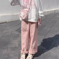Cute Sweet Pink Bunny Cartoon Print Baggy Corduroy High Waisted Pants Trousers Aesthetic Casual Summer E-Girl Kawaii Korean Japanese Harajuku - Thumbnail 5