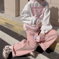 Cute Sweet Pink Bunny Cartoon Print Baggy Corduroy High Waisted Pants Trousers Aesthetic Casual Summer E-Girl Kawaii Korean Japanese Harajuku - Thumbnail 9