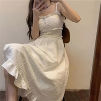 Cute White Ruffle Maxi Dress Fairy Strap Tank Lace Sundress Party Cottage Aesthetic Casual Summer E-Girl Kawaii Korean Japanese Harajuku - Thumbnail 3