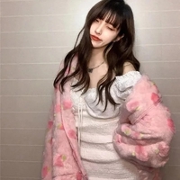 Cute Sweet Pink Peach Plush Oversized Thick Warm Jacket Zipper Hoodie Sweater Winter Autumn Aesthetic Casual E-Girl Kawaii Korean Japanese Harajuku - Thumbnail 3