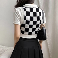 Cute Preppy Argyle Plaid Sweater Vest Sleeveless Knit Crop Top V Neck Shirt Aesthetic Casual Summer E-Girl Kawaii Korean Japanese Harajuku - Thumbnail 1