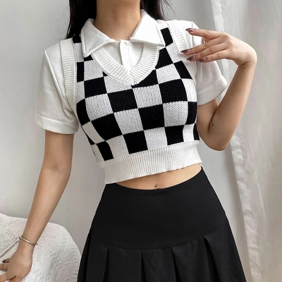 Cute Preppy Argyle Plaid Sweater Vest Sleeveless Knit Crop Top V Neck Shirt Aesthetic Casual Summer E-Girl Kawaii Korean Japanese Harajuku