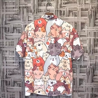 Cute Unisex Cat Cartoon Anime Print Loose Short Sleeve Shirt Button Up Aesthetic Casual Summer E-Girl Kawaii Korean Japanese Harajuku - Thumbnail 1