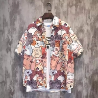 Cute Unisex Cat Cartoon Anime Print Loose Short Sleeve Shirt Button Up Aesthetic Casual Summer E-Girl Kawaii Korean Japanese Harajuku - Thumbnail 2