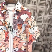 Cute Unisex Cat Cartoon Anime Print Loose Short Sleeve Shirt Button Up Aesthetic Casual Summer E-Girl Kawaii Korean Japanese Harajuku - Thumbnail 3
