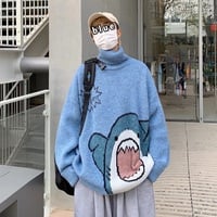 Cute Funny Shark Cartoon Knit Turtleneck Oversized Sweater Pullover Winter Aesthetic Casual Kawaii Korean Japanese Harajuku - Thumbnail 7