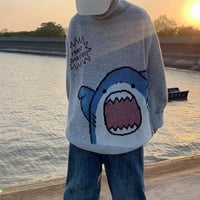 Cute Funny Shark Cartoon Knit Turtleneck Oversized Sweater Pullover Winter Aesthetic Casual Kawaii Korean Japanese Harajuku - Thumbnail 8