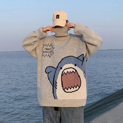 Cute funny shark cartoon knit turtleneck oversized sweater pullover winter aesthetic casual kawaii korean japanese harajuku