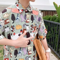 Cute Vintage Unisex Cat Cartoon Print Loose Short Sleeve Shirt Button Up  Aesthetic Casual Summer E-Girl Kawaii Korean Japanese Harajuku - Thumbnail 1