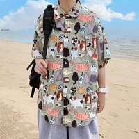 Cute Vintage Unisex Cat Cartoon Print Loose Short Sleeve Shirt Button Up  Aesthetic Casual Summer E-Girl Kawaii Korean Japanese Harajuku - Thumbnail 4