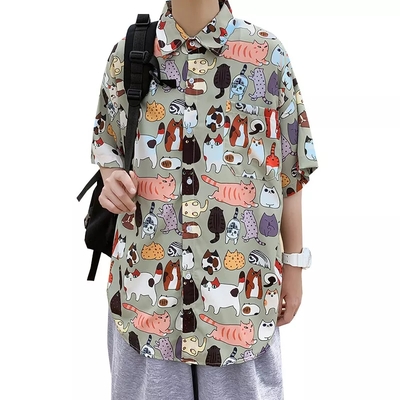 Cute Vintage Unisex Cat Cartoon Print Loose Short Sleeve Shirt Button Up  Aesthetic Casual Summer E-Girl Kawaii Korean Japanese Harajuku