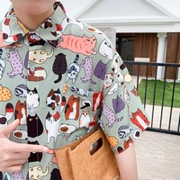 Cute Vintage Unisex Cat Cartoon Print Loose Short Sleeve Shirt Button Up  Aesthetic Casual Summer E-Girl Kawaii Korean Japanese Harajuku - Thumbnail 5