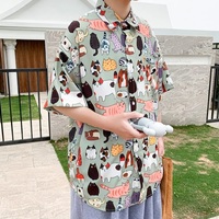 Cute Vintage Unisex Cat Cartoon Print Loose Short Sleeve Shirt Button Up  Aesthetic Casual Summer E-Girl Kawaii Korean Japanese Harajuku - Thumbnail 6