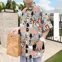 Cute Vintage Unisex Cat Cartoon Print Loose Short Sleeve Shirt Button Up  Aesthetic Casual Summer E-Girl Kawaii Korean Japanese Harajuku - Thumbnail 7