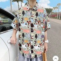 Cute Vintage Unisex Cat Cartoon Print Loose Short Sleeve Shirt Button Up  Aesthetic Casual Summer E-Girl Kawaii Korean Japanese Harajuku - Thumbnail 8