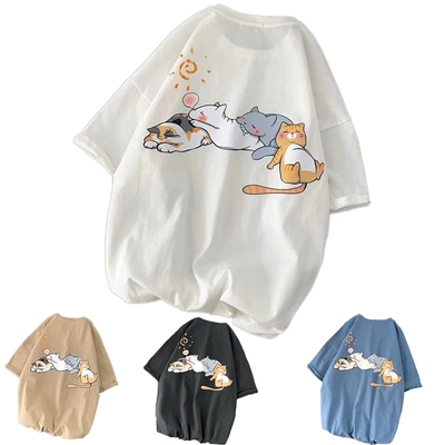 Cute Napping Cat Cartoon Print Short Sleeve Shirt Tees Aesthetic Casual Summer E-Girl Kawaii Korean Japanese Harajuku
